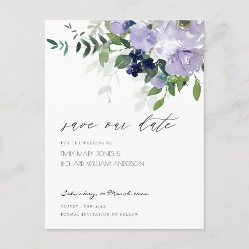 Rustic Violet Purple Floral Leafy Save the Date Postcard