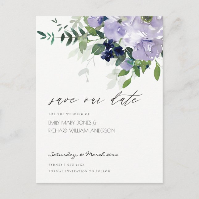 Rustic Violet Purple Floral Leafy Save the Date Postcard (Front)