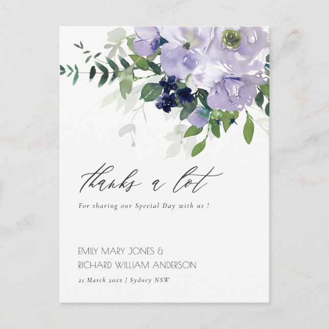 Rustic Violet Purple Floral Leafy Wedding Thanks Postcard (Front)