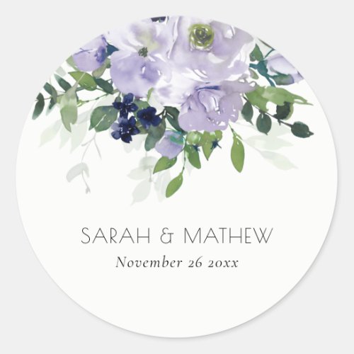 Rustic Violet Purple Navy Floral Leafy Wedding Classic Round Sticker