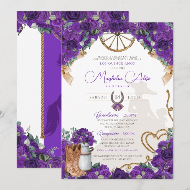 Rustic Violet Purple Western Charro Quinceañera Invitation (Front/Back)