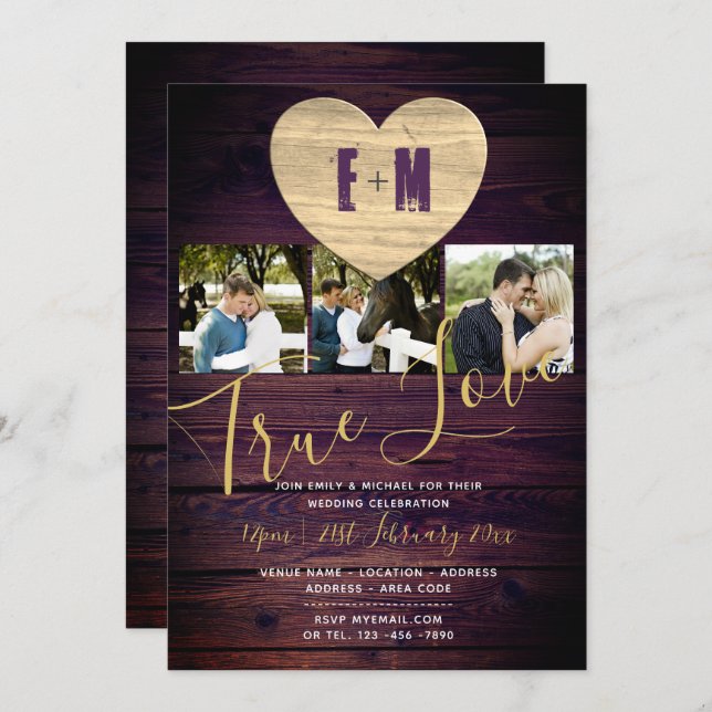 Rustic Violet Wedding Invites ADD 3 PHOTOS (Front/Back)