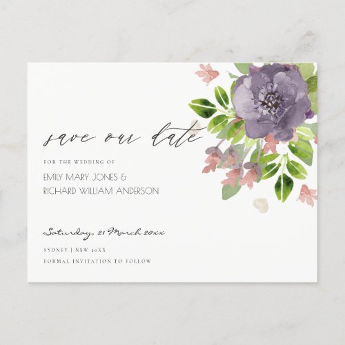 RUSTIC VIOLET WILD FLOWERS  FOLIAGE Save the date Announcement Postcard