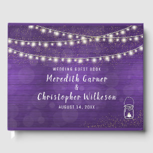 Rustic Violet Wood Mason Jar String Lights Wedding Guest Book