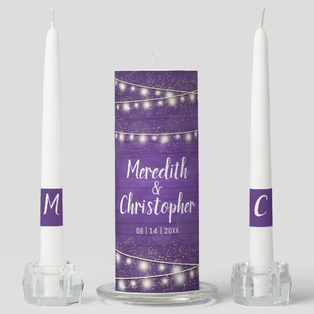 Rustic Violet Wood String Lights Wedding Unity Candle Set (Front)