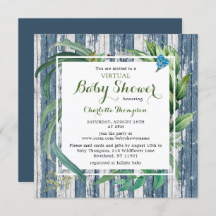 Rustic Virtual Baby Shower Watercolor Green Floral Invitation