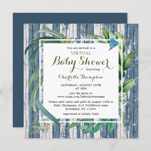 Rustic Virtual Baby Shower Watercolor Green Floral Invitation