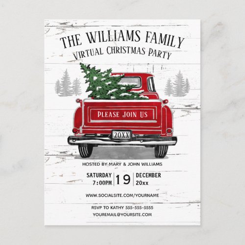 Rustic Virtual Christmas Party Vintage Red Truck Invitation Postcard