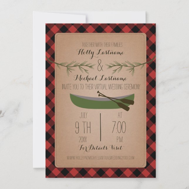 Rustic Virtual Wedding Livestream Plaid Canoe Invitation (Front)