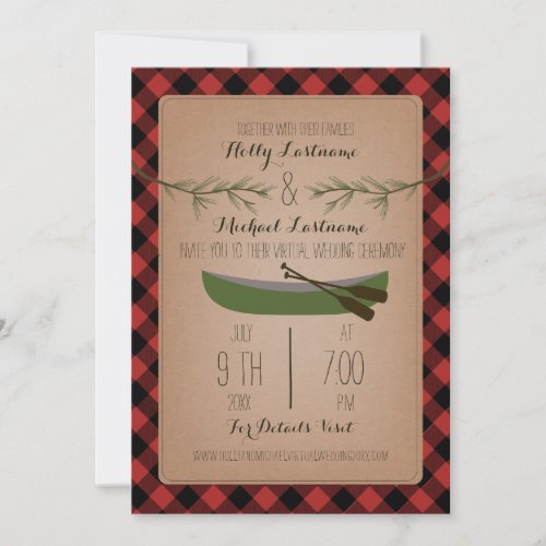 Rustic Virtual Wedding Livestream Plaid Canoe Invitation