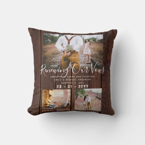 Rustic Vow Renewal Anniversary Photo Collage Throw Pillow