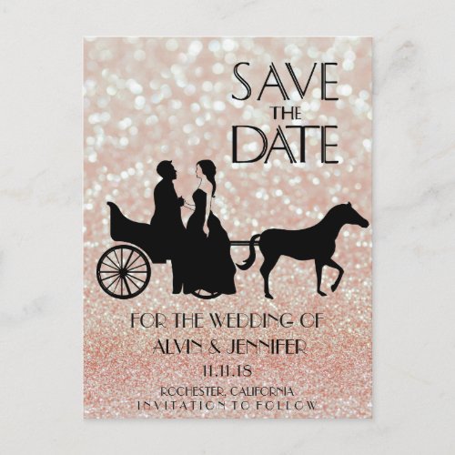 Rustic Wagon Wedding Pink Rose Glitter Couple Postcard