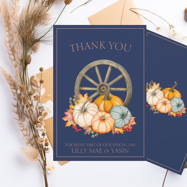 Rustic Wagon Wheel Autumn Pumpkin Wedding Thank You Card (Creator Uploaded)