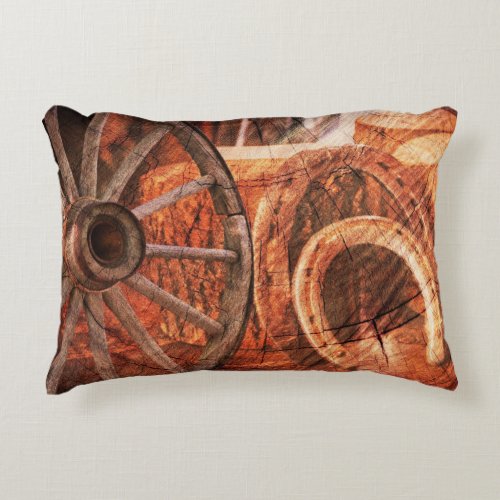 Rustic Wagon Wheel Horseshoes Western Style Accent Pillow