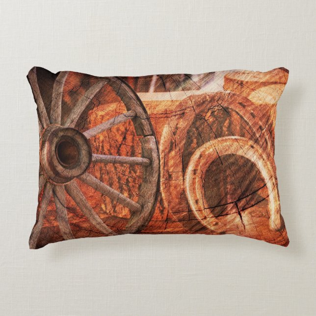 Rustic Wagon Wheel Horseshoes Western Style Accent Pillow (Front)