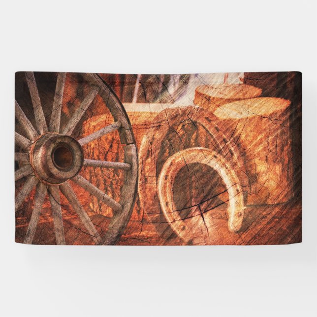 Rustic Wagon Wheel Horseshoes Western Style Banner (Horizontal)