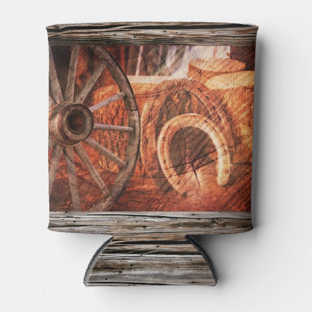 Rustic Wagon Wheel Horseshoes Western Style Can Co Can Cooler (Front)