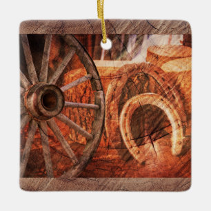 Rustic Wagon Wheel Horseshoes Western Style Ceramic Ornament