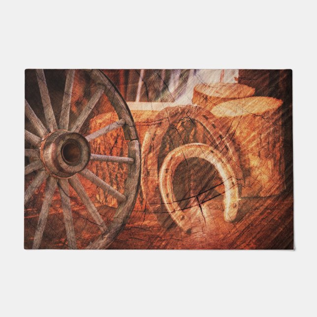 Rustic Wagon Wheel Horseshoes Western Style Doormat (Front)