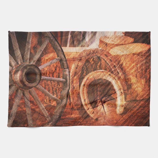 Rustic Wagon Wheel Horseshoes Western Style Kitchen Towel (Horizontal)