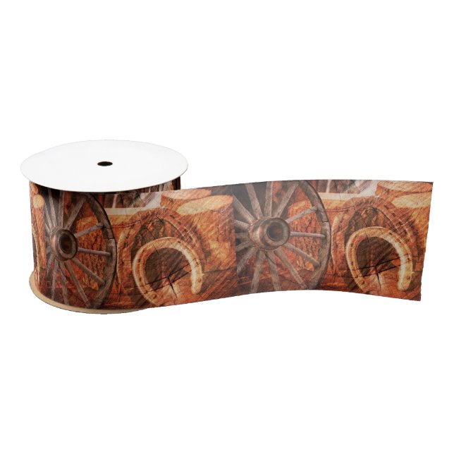 Rustic Wagon Wheel Horseshoes Western Style Satin Ribbon (Spool)
