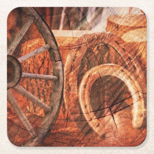 Rustic Wagon Wheel Horseshoes Western Style Square Paper Coaster
