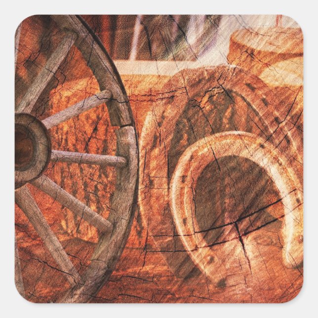 Rustic Wagon Wheel Horseshoes Western Style Square Sticker (Front)