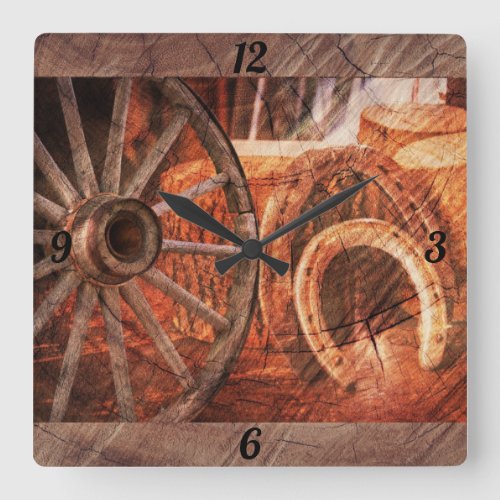 Rustic Wagon Wheel Horseshoes Western Style Square Wall Clock
