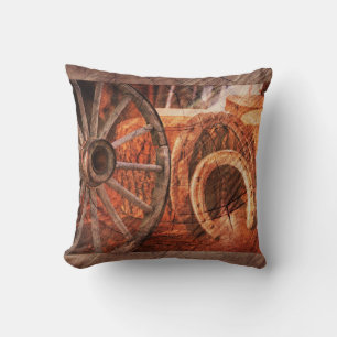 Rustic Wagon Wheel Horseshoes Western Style Throw Pillow