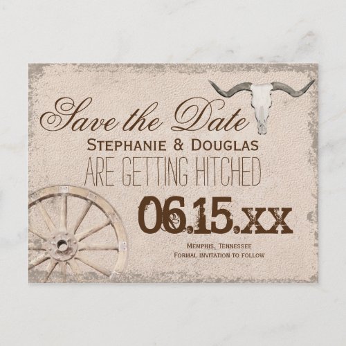 Rustic Wagon Wheel Longhorn Cowboy Save the Date Announcement Postcard