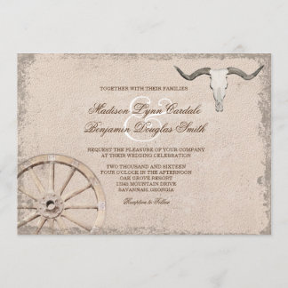 Rustic Wagon Wheel Longhorn Cowboy Wedding Invitation