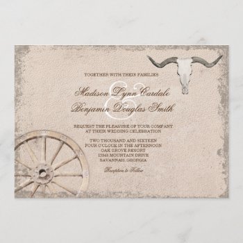 Rustic Wagon Wheel Longhorn Cowboy Wedding Invitation by RusticCountryWedding at Zazzle
