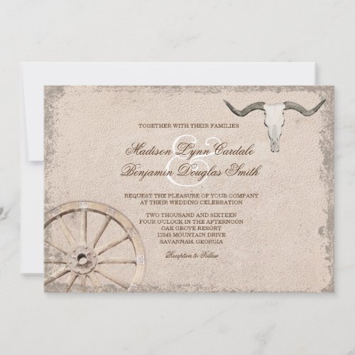 Rustic Wagon Wheel Longhorn Cowboy Wedding Invitation