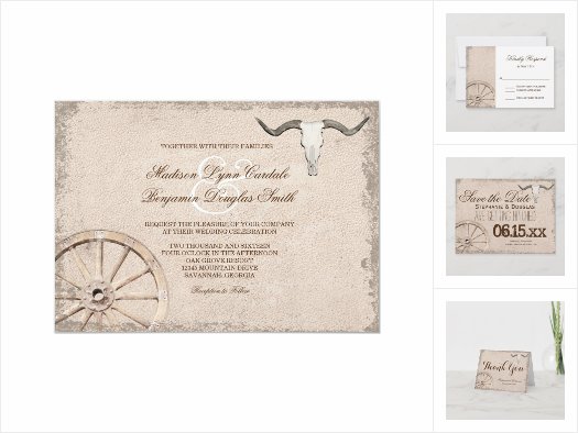 Rustic Wagon Wheel Longhorn Wedding Invitation Set