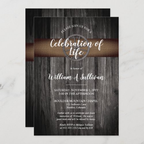 Rustic Wagon Wheel Wood Photo Celebration of Life Invitation