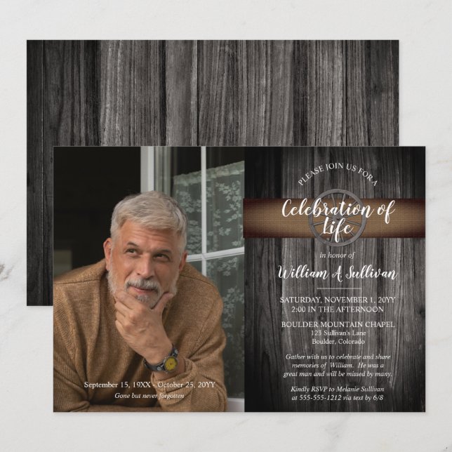 Rustic Wagon Wheel Wood Photo Celebration of Life  Invitation (Front/Back)
