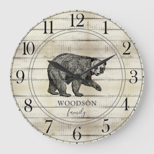 Rustic Walking Bear Wood Forest Family Name Large Clock