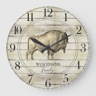 Rustic Walking Bison Buffalo Wood Family Name Large Clock