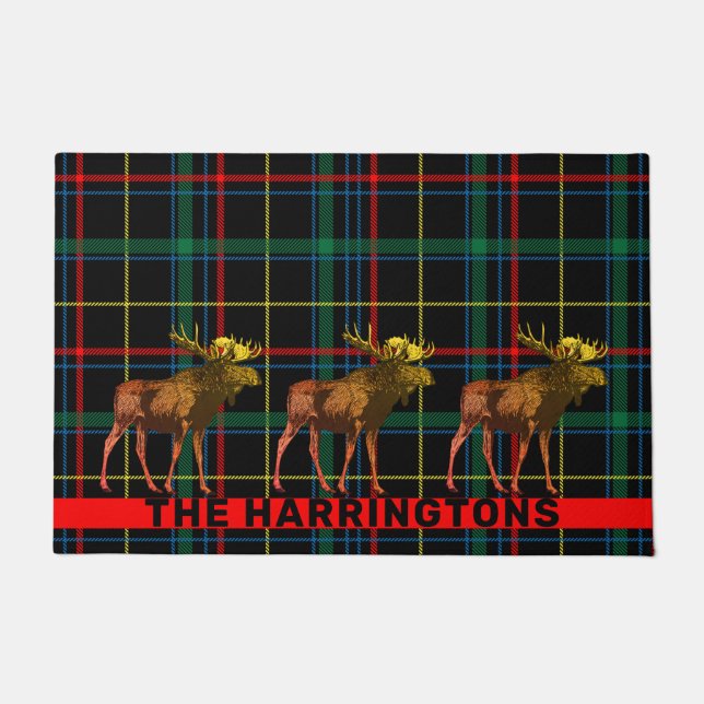 Rustic Walking Moose Plaid Doormat (Front)