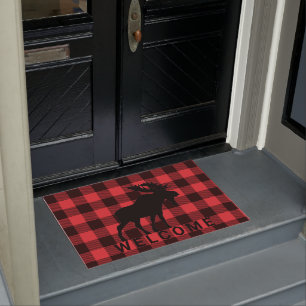 Rustic Walking Moose Red Black Plaid Welcome Doormat