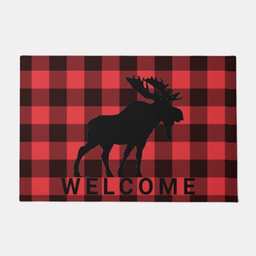 Rustic Walking Moose Red Black Plaid Welcome Doormat