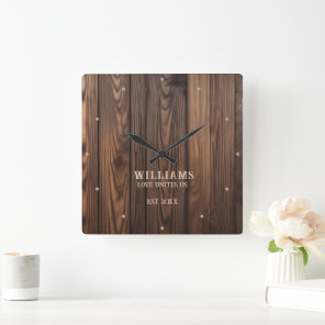 Rustic Wallnut Wood Brown Personalized Square Wall Clock