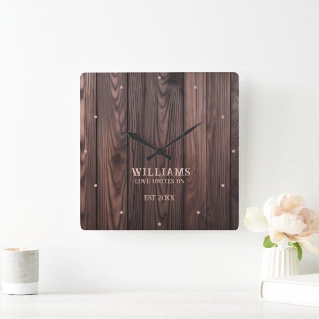 Rustic Wallnut Wood Brown Personalized Square Wall Clock (Home)