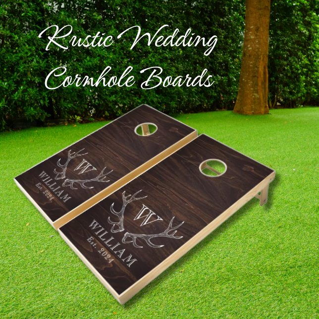 Rustic Walnut Brown Antler Monogrammed Wedding Cornhole Set (Creator Uploaded)
