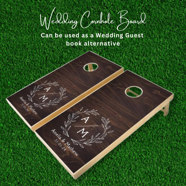 Rustic Walnut Brown Wood Monogrammed Wedding Cornhole Set (Creator Uploaded)
