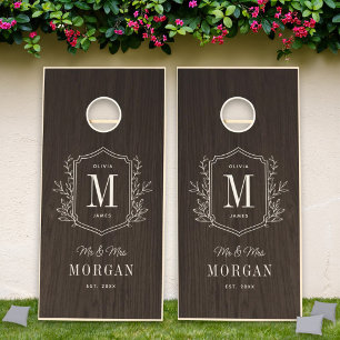 Rustic Walnut Monogram Mr and Mrs Wedding Cornhole Set