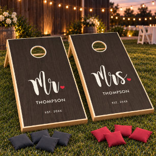 Rustic Walnut Mr and Mrs Heart Wedding Cornhole Set