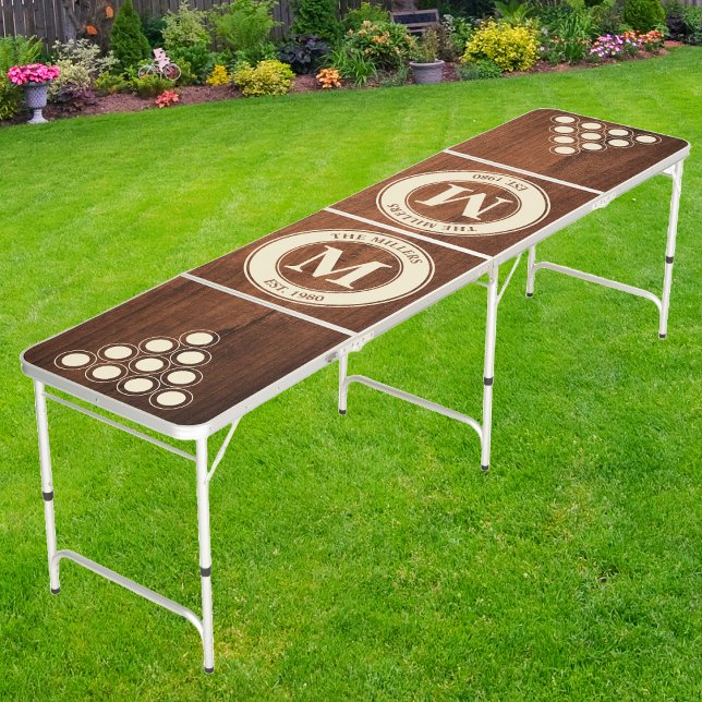 Rustic Walnut Wood Family Monogram & Name Beer Pong Table (Creator Uploaded)