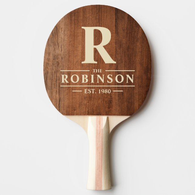 Rustic Walnut Wood Family Name & Initial Ping Pong Paddle (Front)
