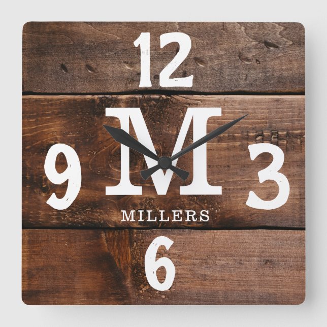 Rustic Walnut Wood Family Name Monogram Farmhouse Square Wall Clock (Front)